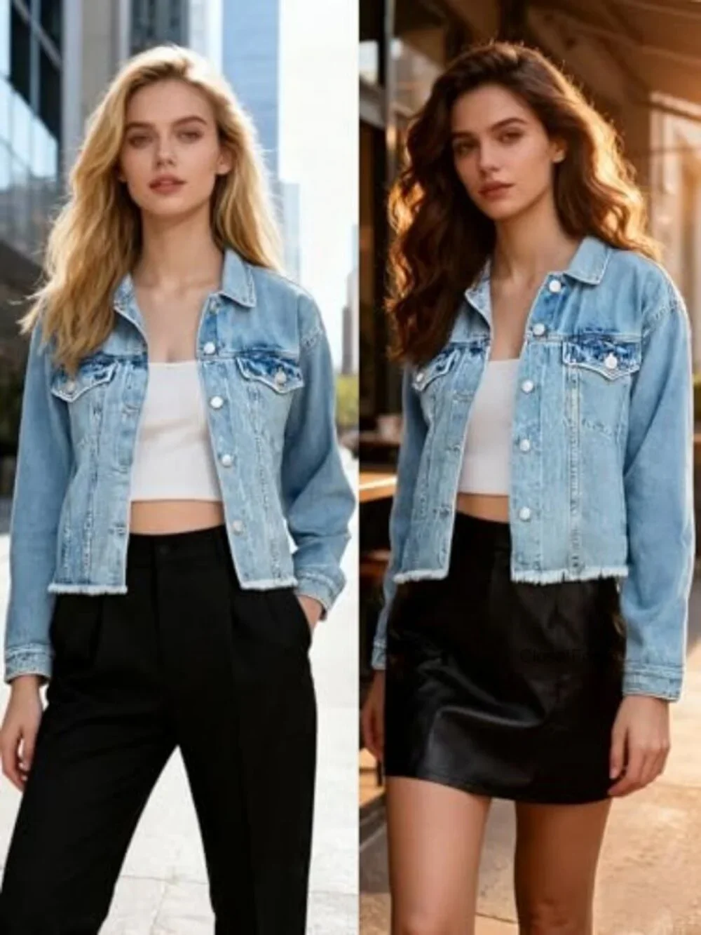 Women's Cropped Denim Jacket Frayed Raw Hem Button Front Long Sleeve